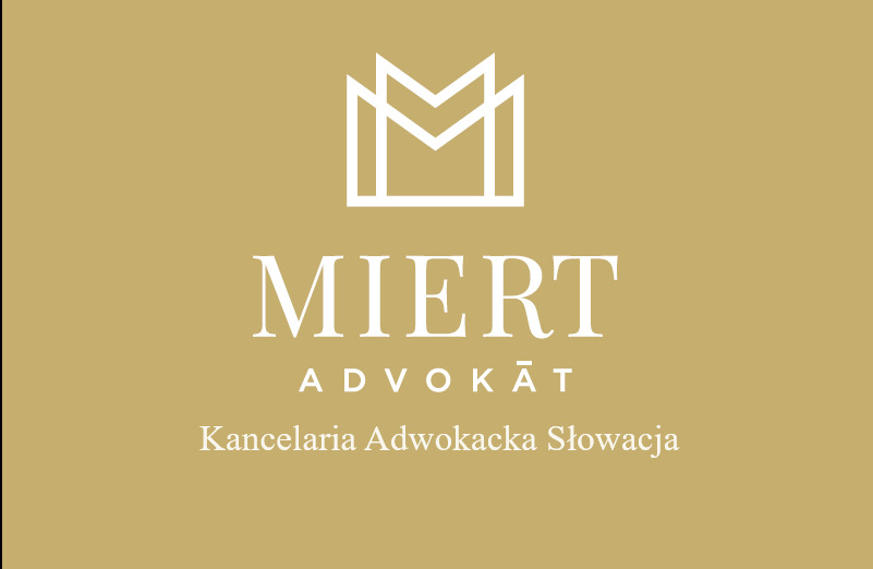 Eleganckie logo kancelarii adwokackiej Miert w kolorze białym na złotym tle, z minimalistycznym symbolem graficznym przypominającym literę M