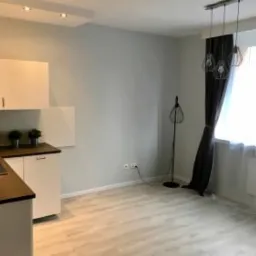 Jasne, minimalistyczne wnętrze mieszkania z aneksem kuchennym. Widoczne białe szafki kuchenne z czarnym blatem, trzy czarne doniczki z roślinami na blacie, parkiet w jasnym odcieniu drewna, szare...