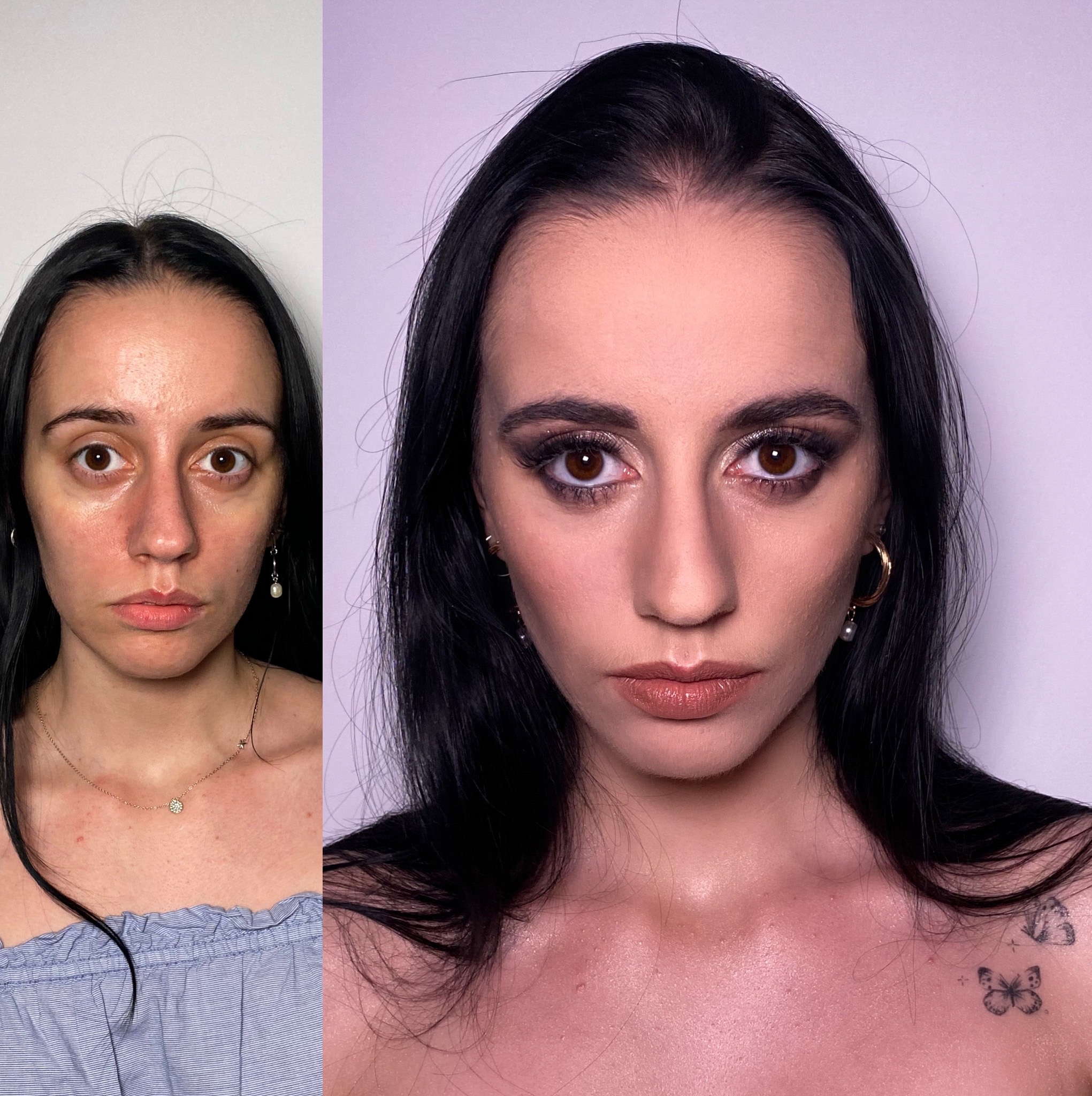 Portret kobiety przed i po aplikacji kosmetyków: smokey eye z błyszczącymi akcentami, brązowe usta, złote kolczyki z perłami, tatuaż motyla na ramieniu.