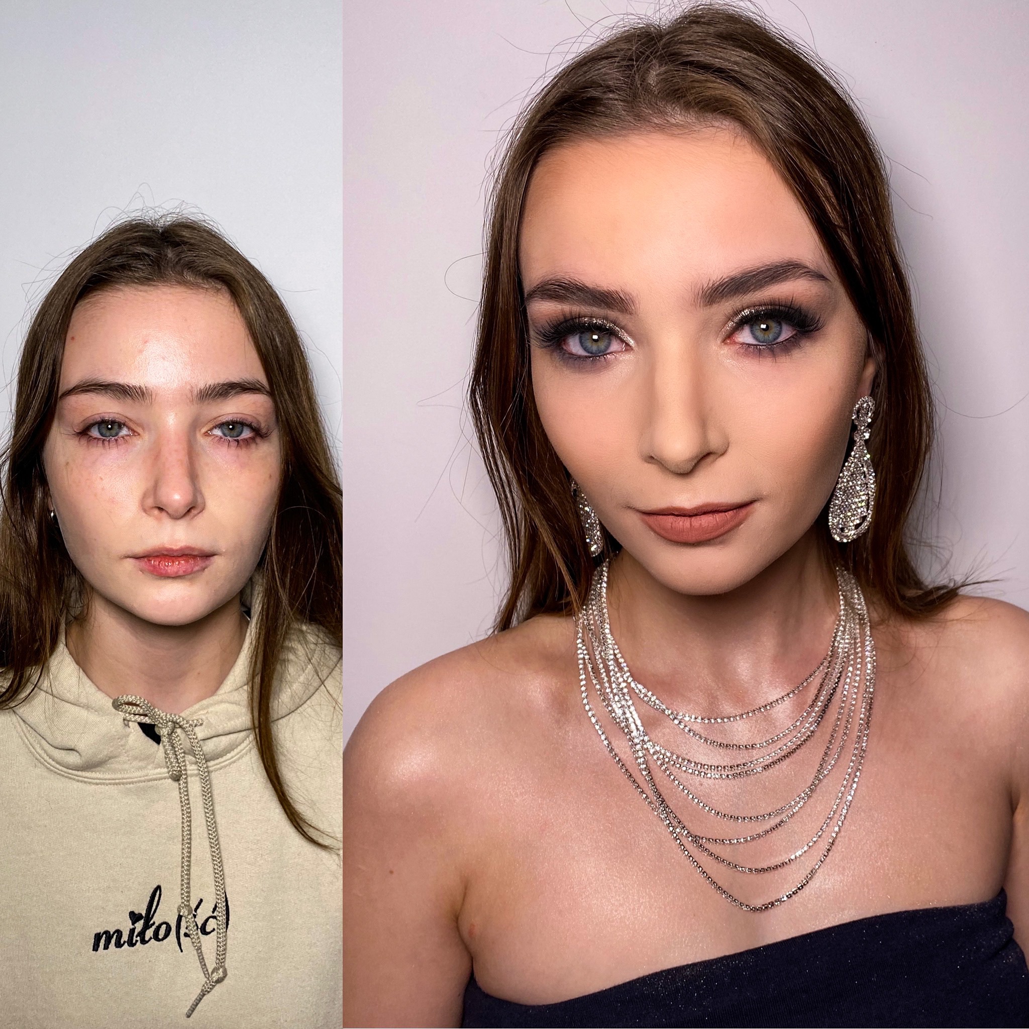 Portret kobiety przed i po wykonaniu profesjonalnego upiększenia z wyrazistym podkreśleniem oczu, długimi sztucznymi rzęsami, konturowaniem i błyszczącymi kolczykami oraz naszyjnikiem.