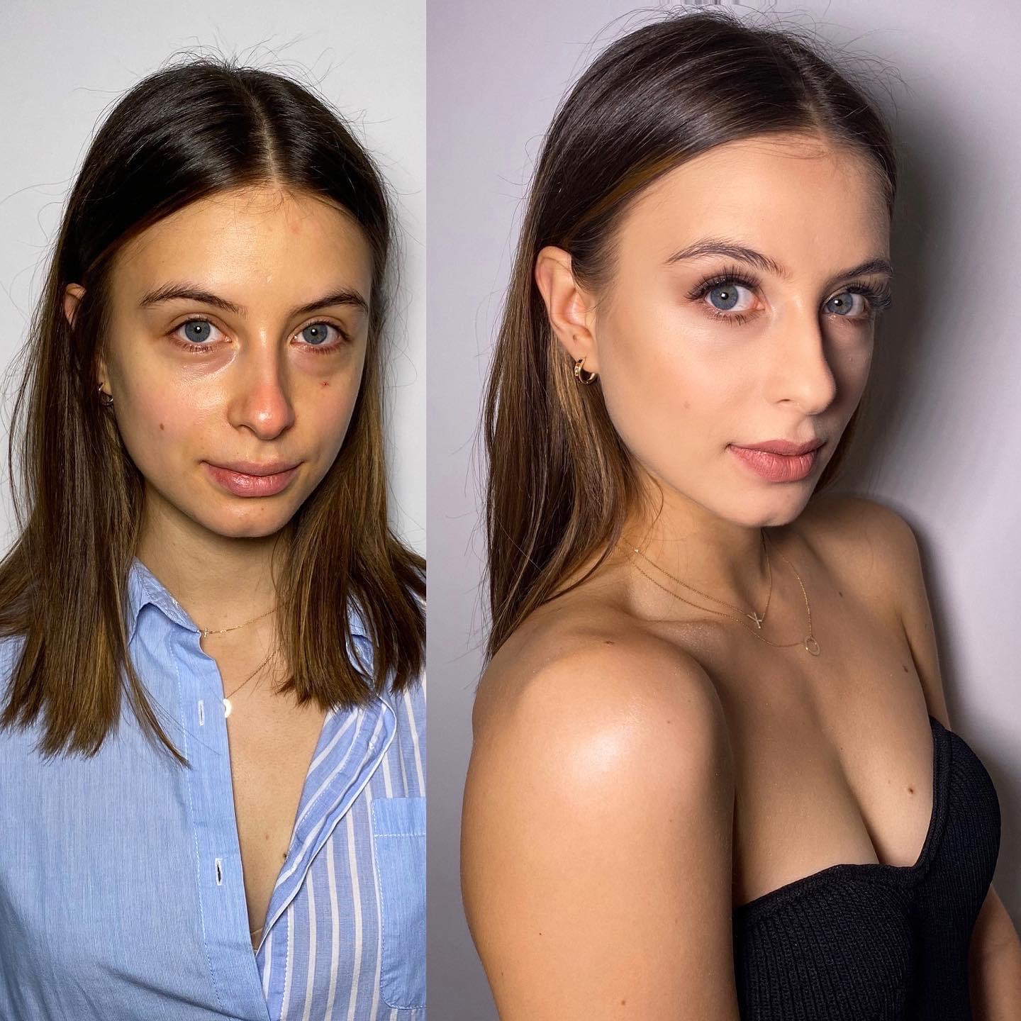 Portret kobiety przed i po makijażu, uwydatnione rzęsy, brwi i kontur ust, widoczna różnica w kolorycie skóry i konturowaniu twarzy.