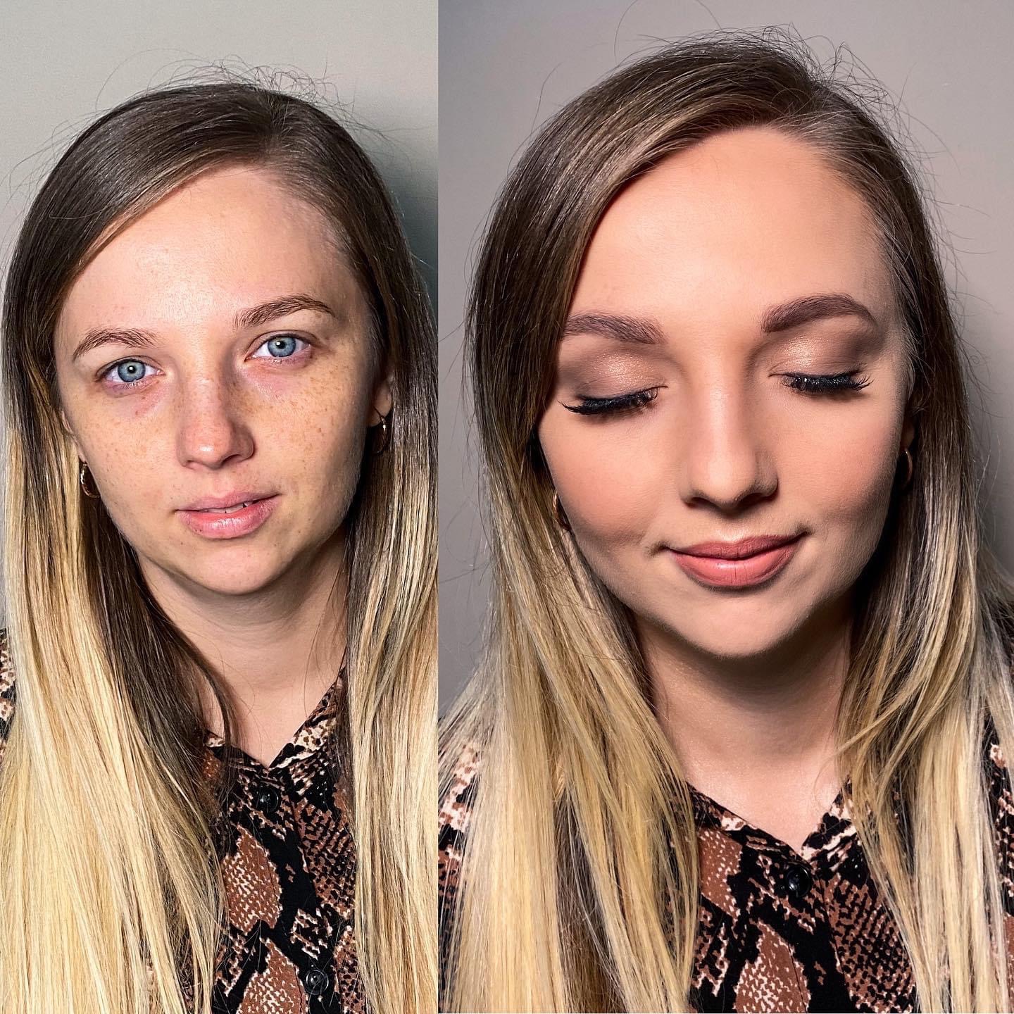 Portret kobiety przed i po aplikacji kosmetyków, widoczne różnice w makijażu oczu, brwi i ust, z uwzględnieniem naturalnego wyglądu skóry po lewej stronie.