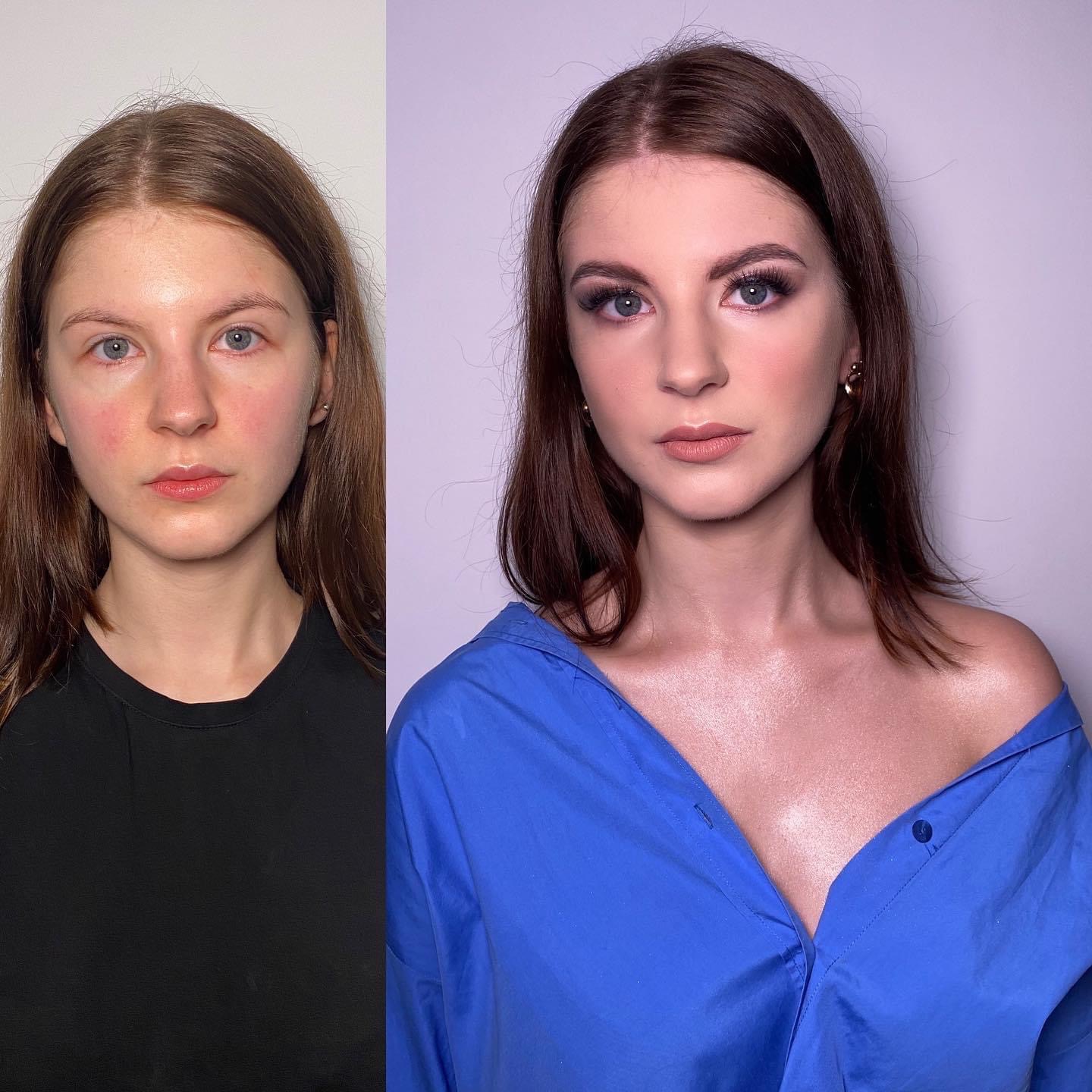 Portret kobiety przed i po aplikacji kosmetyków: wyrównany koloryt cery, podkreślone brwi i rzęsy, subtelny błysk na dekolcie.