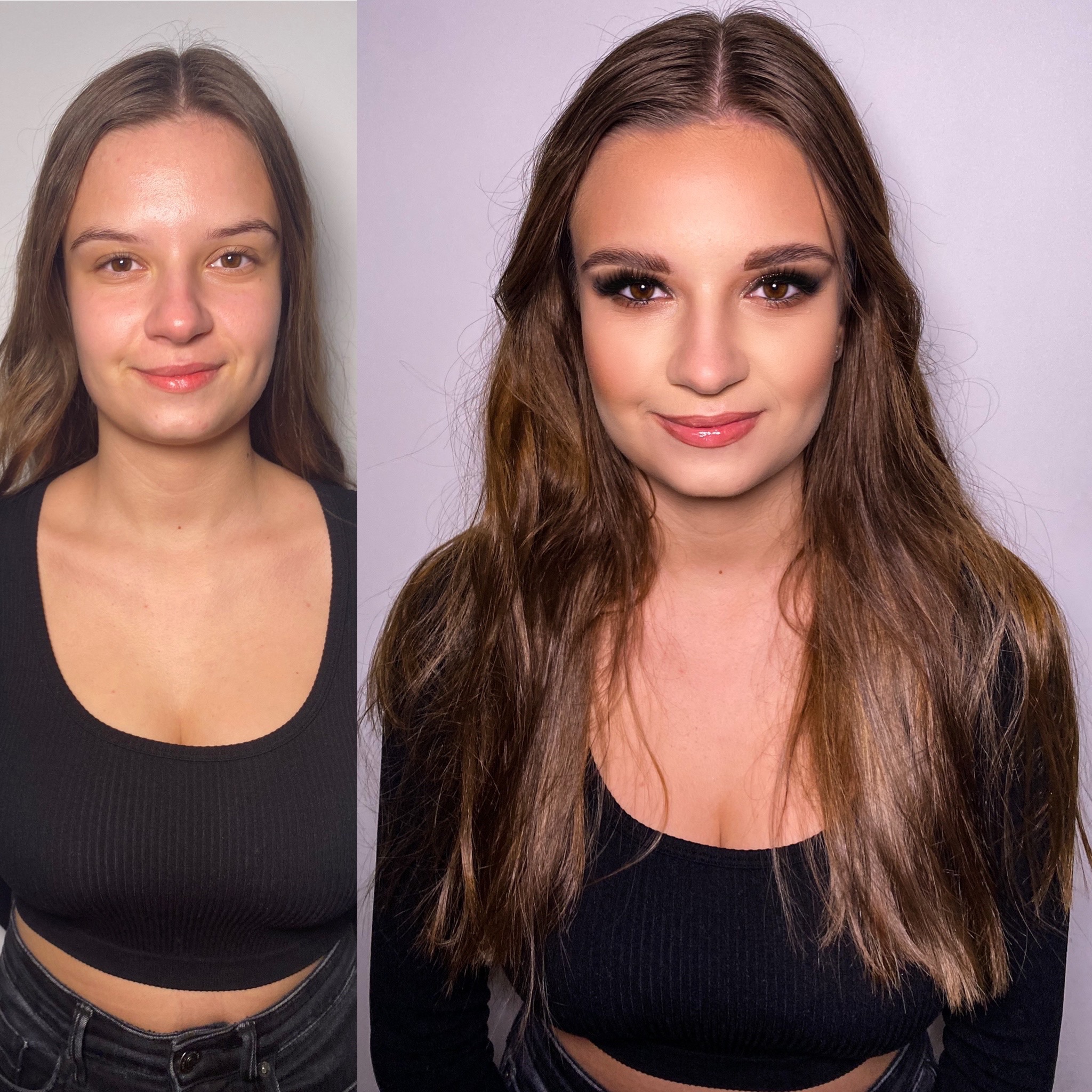 Portret kobiety przed i po wykonaniu profesjonalnego upiększenia, widoczne zmiany w makijażu oczu i ust, poprawa kolorytu cery i wykończenia brwi.