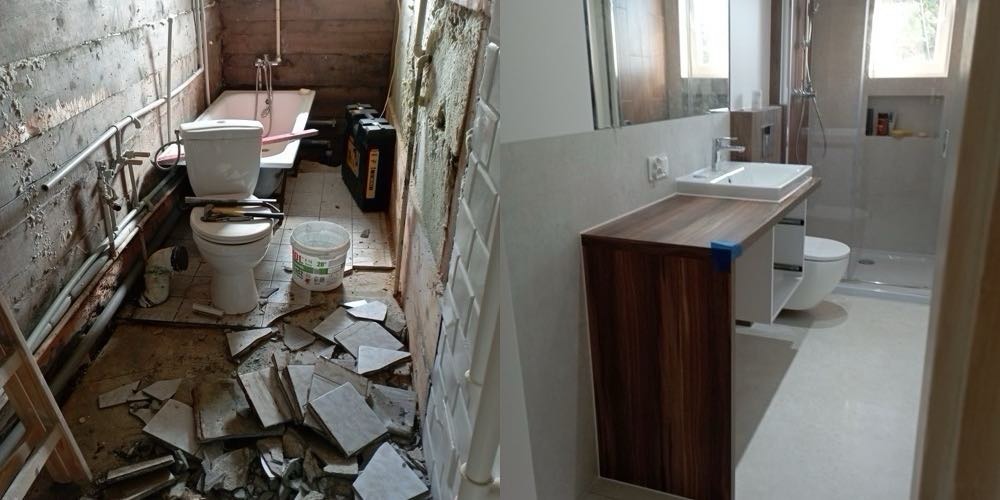 Remont łazienki: widok przed i po, zniszczone płytki i rury kontra nowoczesna umywalka z szafką, kabina prysznicowa i toaleta.
