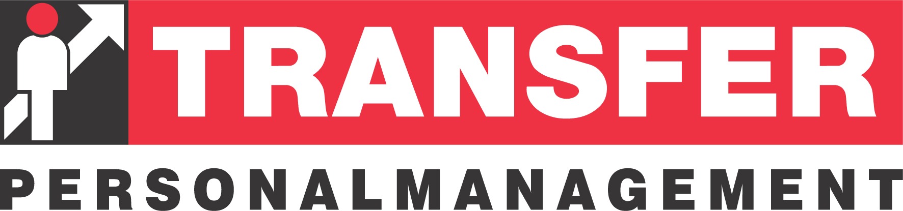 Logo firmy Transfer Personal Management z ikoną osoby i strzałką w górę, umieszczone na czerwonym tle z białym napisem.