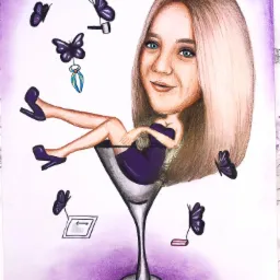 Ręcznie rysowany, kolorowy portret karykaturalny kobiety w kieliszku do martini, otoczonej motylami, z sygnaturą artysty Natalia Jaworska w prawym dolnym rogu.