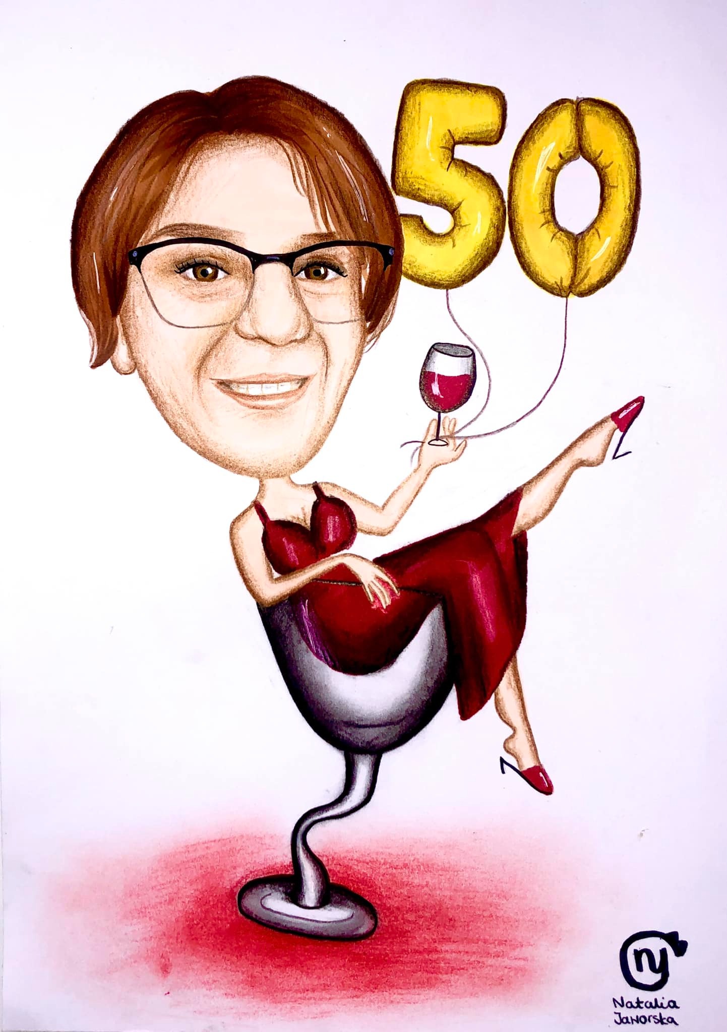 Ręcznie rysowany portret kobiety w okularach, siedzącej w kieliszku do wina, z balonami w kształcie liczby 50, trzymającej kieliszek wina.