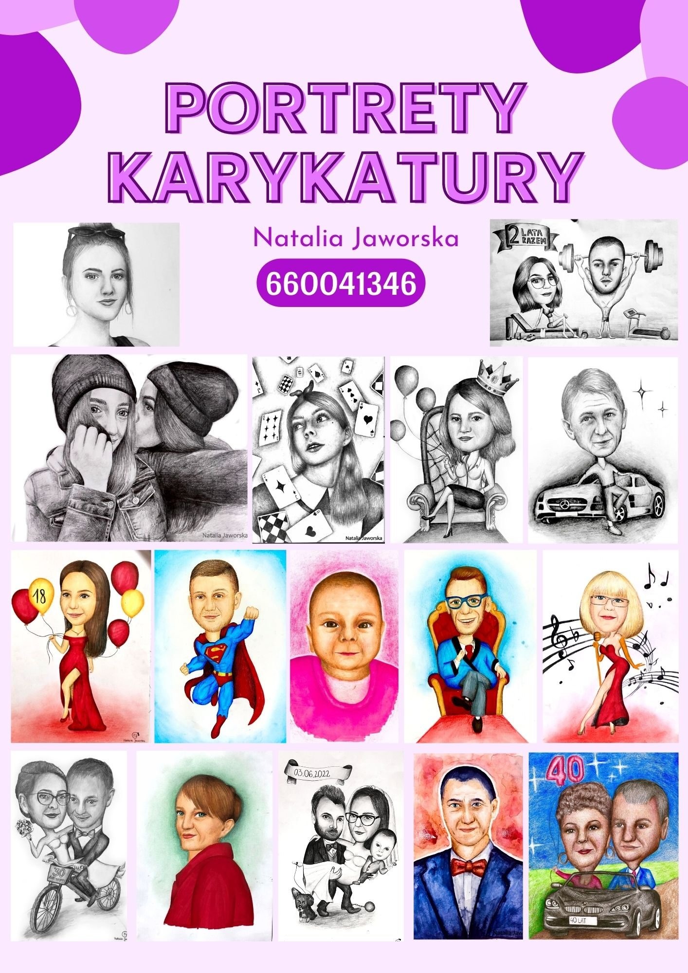Zestaw portretów i karykatur wykonanych na zamówienie, przedstawiających różnorodne osoby i sytuacje, od portretu pary młodej na rowerze po karykaturę z okazji 40 urodzin z samochodem w tle,...