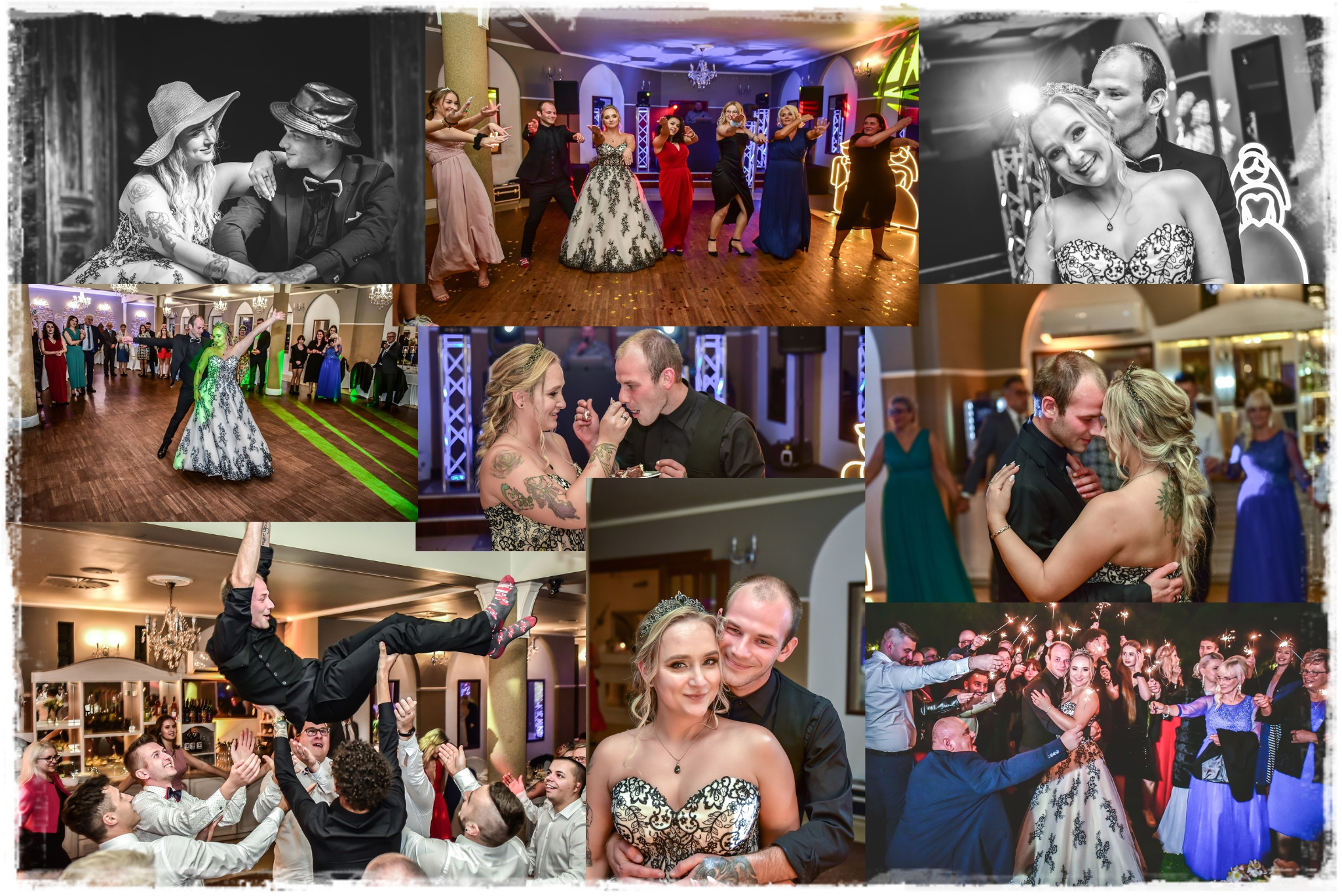 Kolaż zdjęć z uroczystości weselnej: para młoda w różnych ujęciach podczas tańca, karmienia tortem, z gośćmi i zimnymi ogniami.