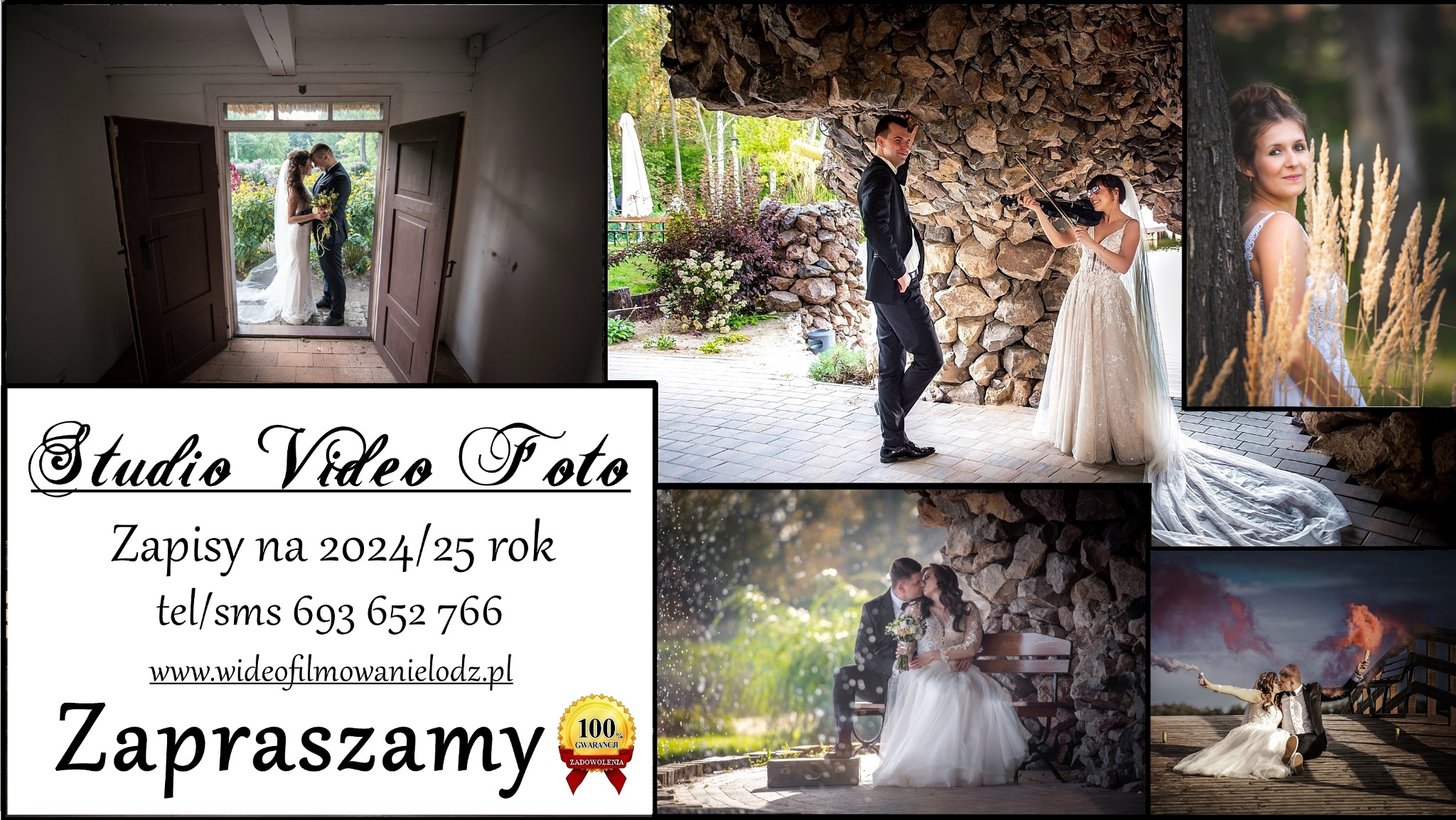 Kolaż zdjęć ślubnych: para w drzwiach starego budynku, panna młoda grająca na skrzypcach pod kamienną konstrukcją, portret panny młodej przy drzewie, para całująca się na ławce pod kamienną...