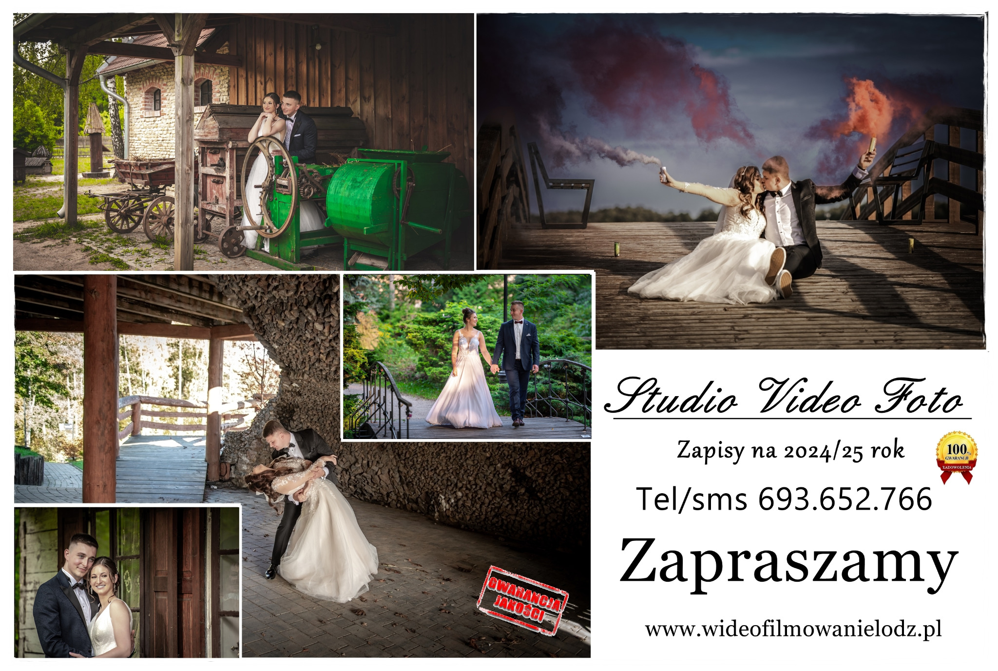 Kolaż zdjęć ślubnych: para pozuje przy starej maszynie rolniczej, spaceruje po moście, tańczy w altanie i siedzi na pomoście z kolorowymi dymami, dodatkowo widoczny napis reklamowy studia...