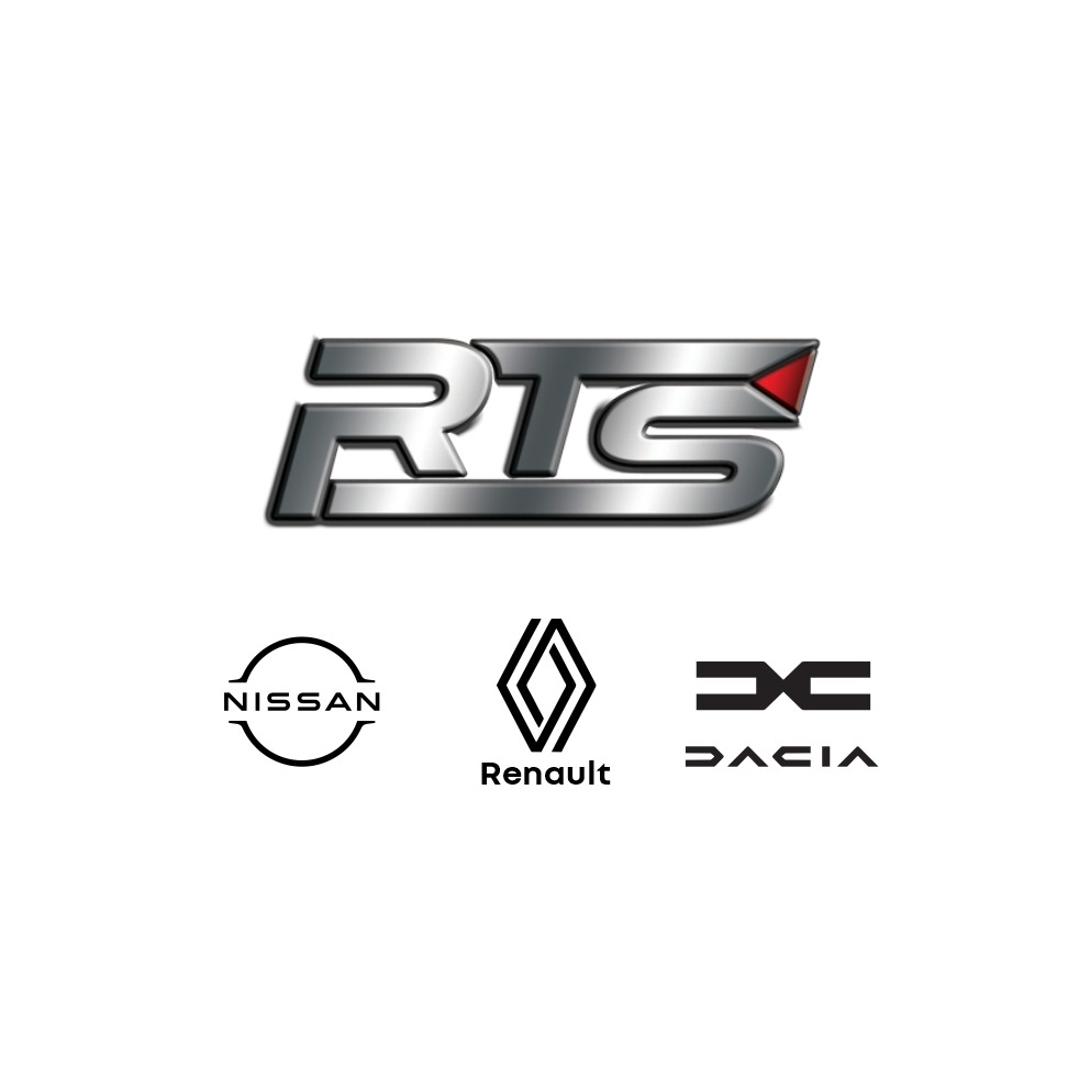 Logotyp RTS z emblematami Nissan, Renault i Dacia na białym tle.