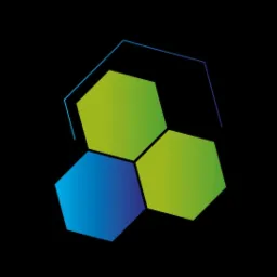 Abstrakcyjne logo firmy z trzema połączonymi sześciokątami w odcieniach niebieskiego i zielonego na czarnym tle, z delikatną linią w kształcie sześciokąta nad nimi.