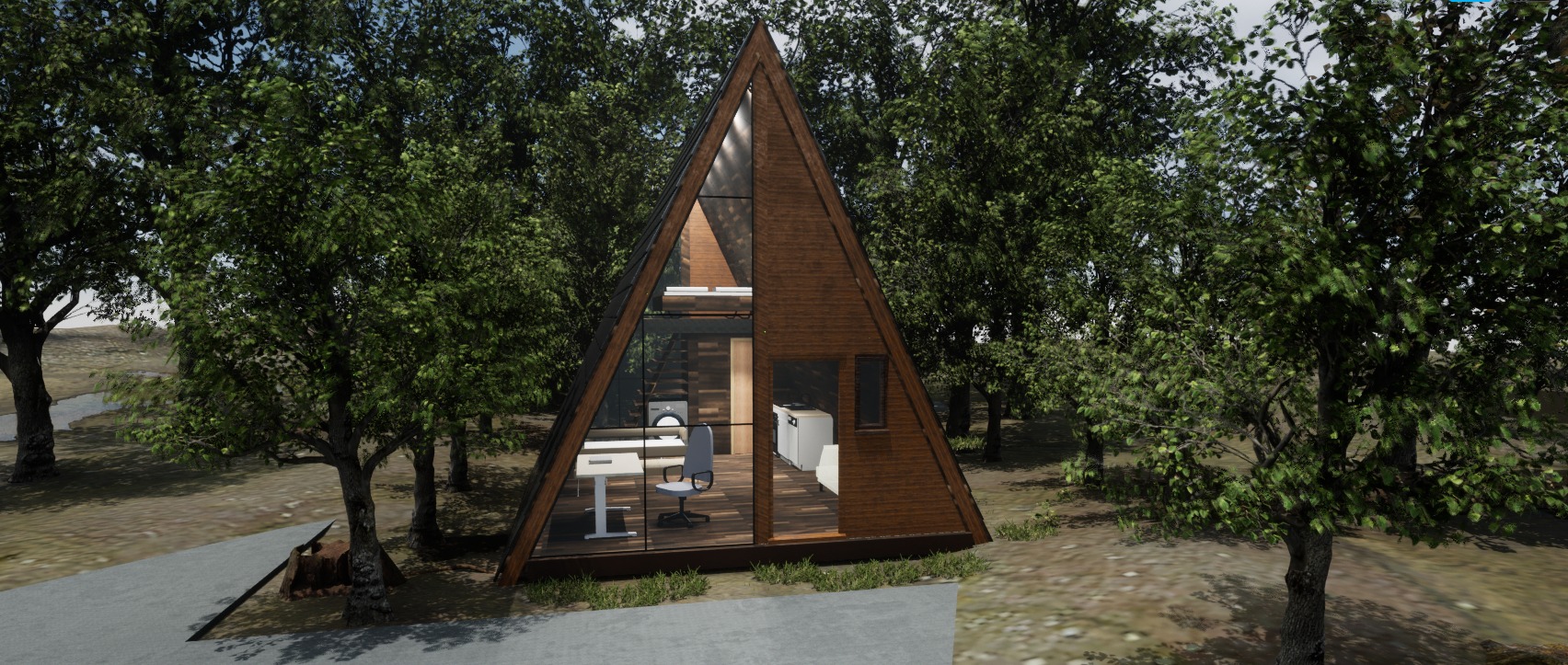 Wizualizacja zewnętrzna nowoczesnego, dwukondygnacyjnego domu w kształcie litery A z drewnianą elewacją i dużymi przeszkleniami, otoczonego drzewami.