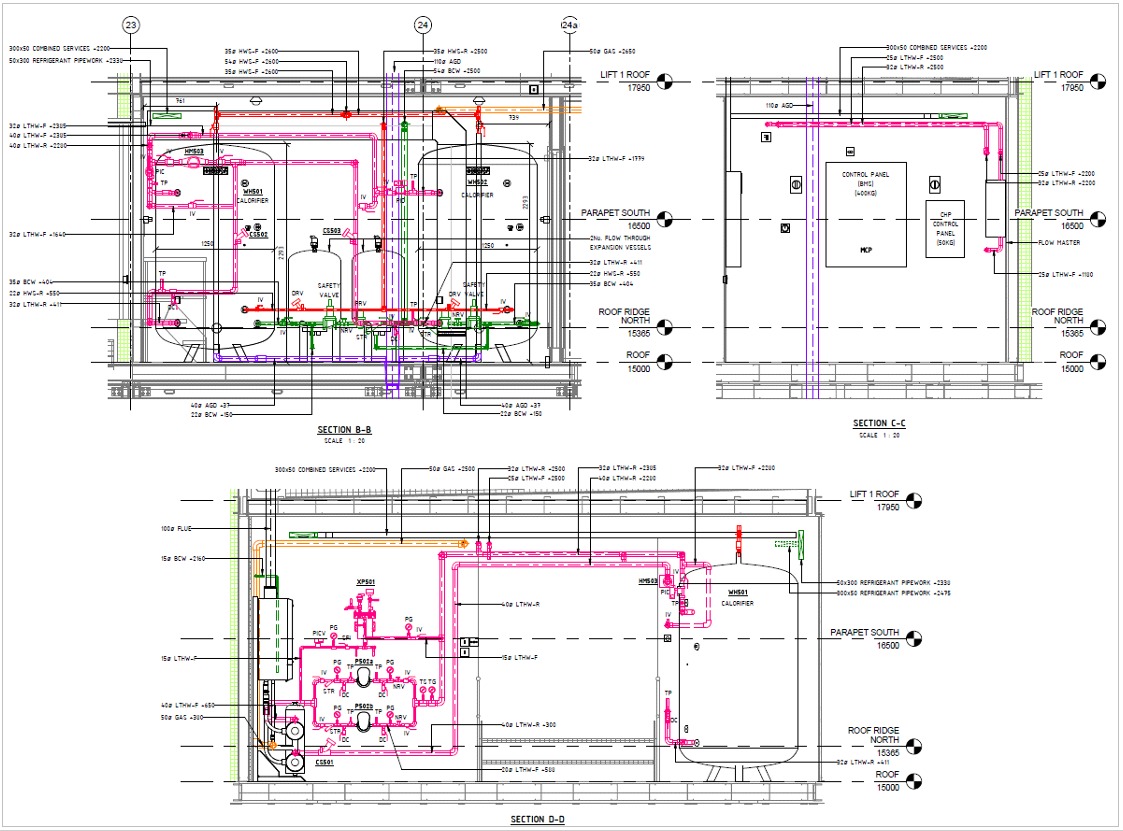 Techniczny rysunek instalacji na dachu budynku, zawierający schematy rzutów poziomych i przekrojów z oznaczeniami elementów i wymiarów.