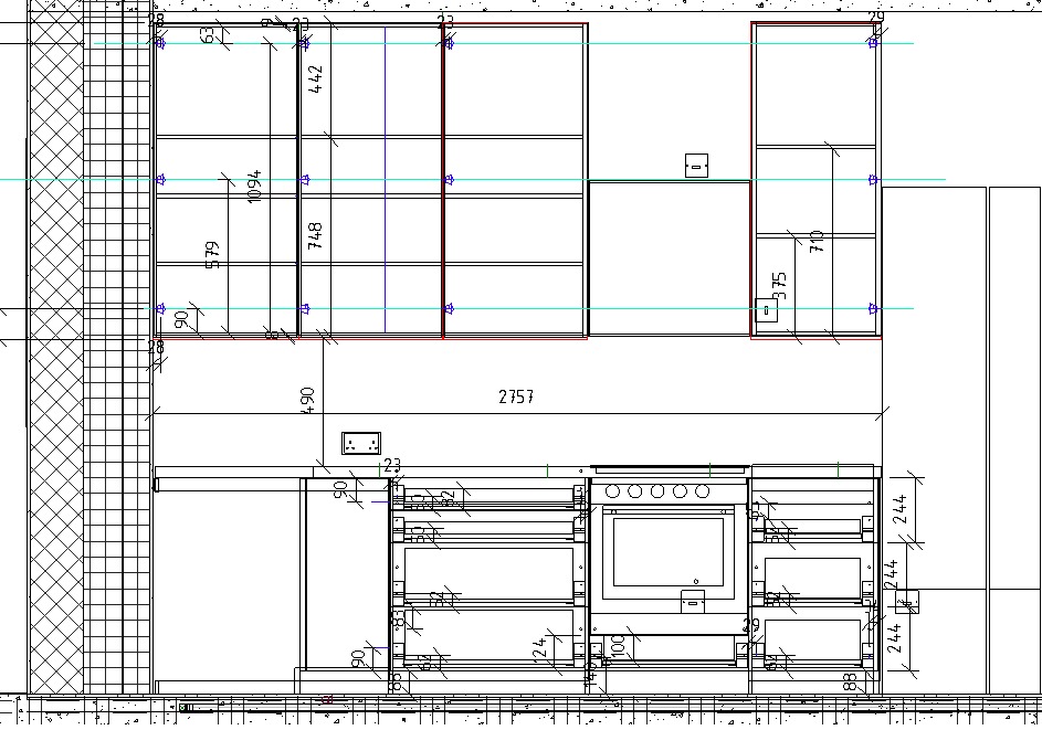 Rzut techniczny zabudowy kuchennej z wymiarami, prezentujący układ szafek górnych i dolnych, w tym miejsce na piekarnik i szuflady.