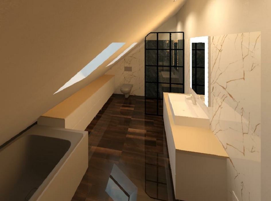 Wizualizacja łazienki na poddaszu ze skośnym oknem dachowym, drewnianą podłogą, kabiną prysznicową z czarnymi ramami i umywalką z blatem imitującym drewno.