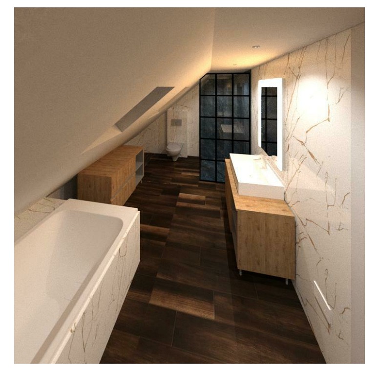 Wizualizacja łazienki na poddaszu z drewnianymi elementami, kabiną prysznicową w czarnej ramie i umywalką na drewnianej szafce.