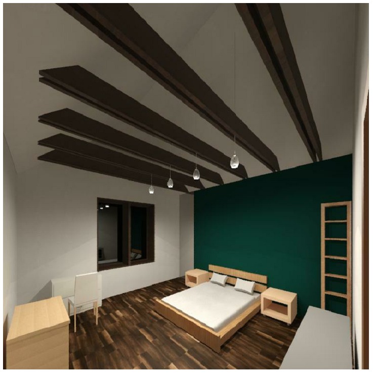 Wizualizacja sypialni z drewnianą podłogą, zieloną ścianą, drewnianymi belkami sufitowymi i wiszącymi lampami, prezentująca minimalistyczny styl z elementami naturalnego drewna.