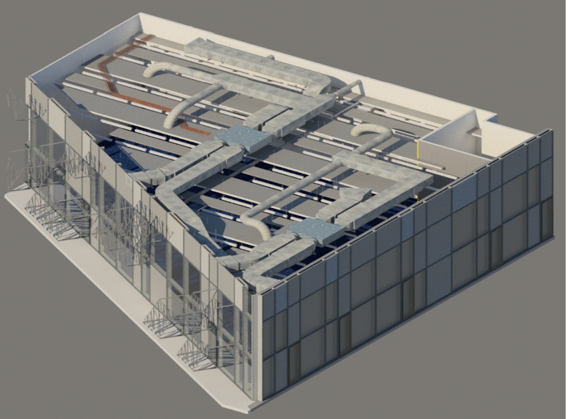Wizualizacja 3D biurowca z widoczną instalacją wentylacyjną pod sufitem, szklana fasada z zewnętrznymi elementami konstrukcyjnymi.