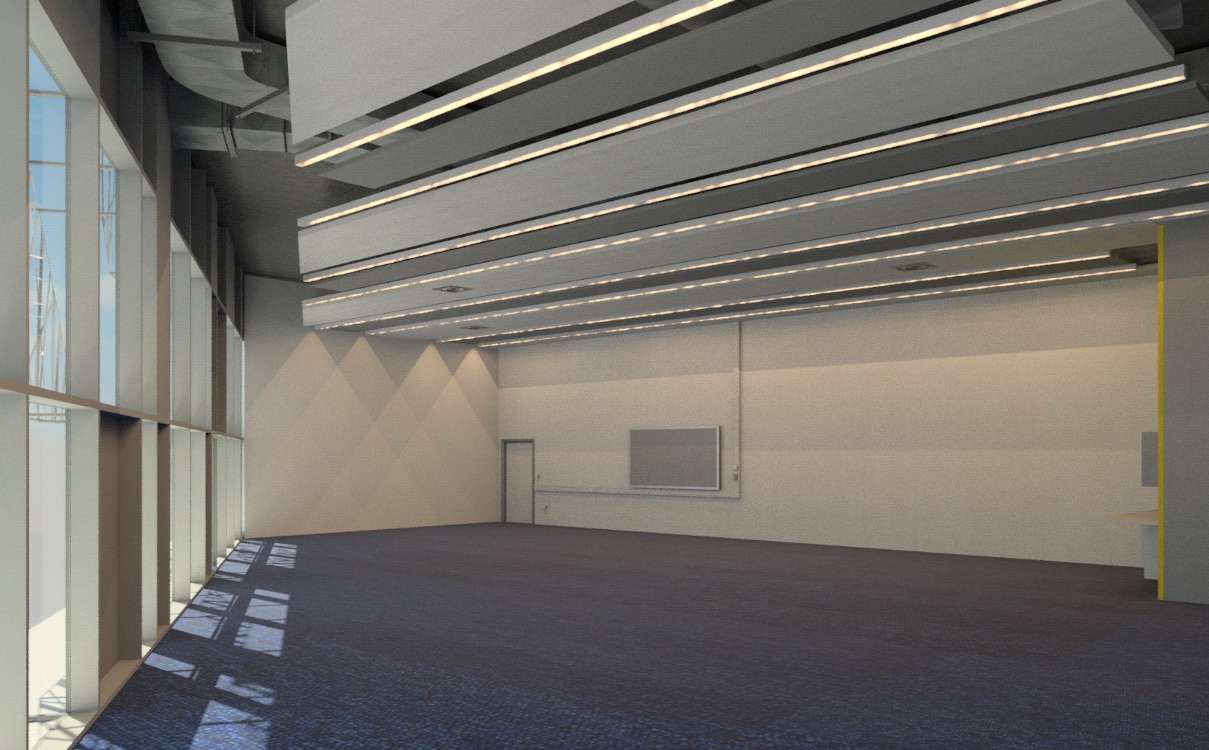 Przestronne, jasne wnętrze biurowe z dużymi oknami i nowoczesnym oświetleniem sufitowym, widoczna pusta przestrzeń przygotowana do aranżacji.