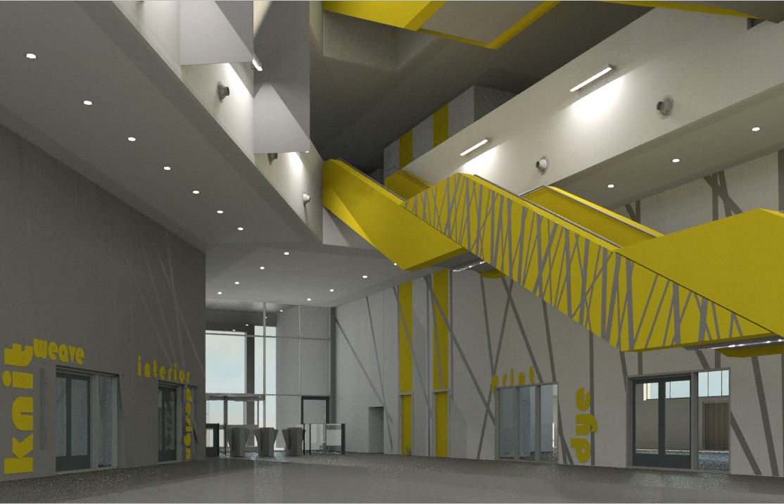 Wizualizacja projektu wnętrza biura w Gdańsku z żółtymi schodami ruchomymi i napisem 'Knit Weave Interior Design' na ścianie.