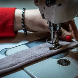 Szczegółowe ujęcie maszyny do szycia w trakcie pracy, szyjącej pasek z aksamitnego materiału w odcieniu pudrowego różu; widoczna ręka z czerwoną biżuterią i czerwonym lakierem na paznokciach.