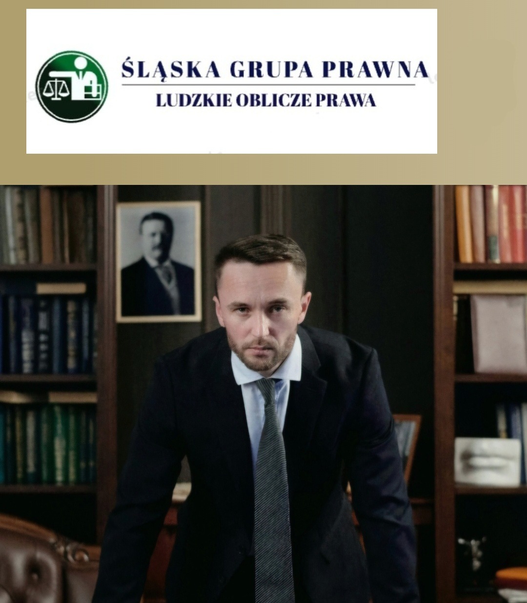 Portret mężczyzny w garniturze na tle biblioteczki i logo Śląskiej Grupy Prawnej, z portretem w tle.