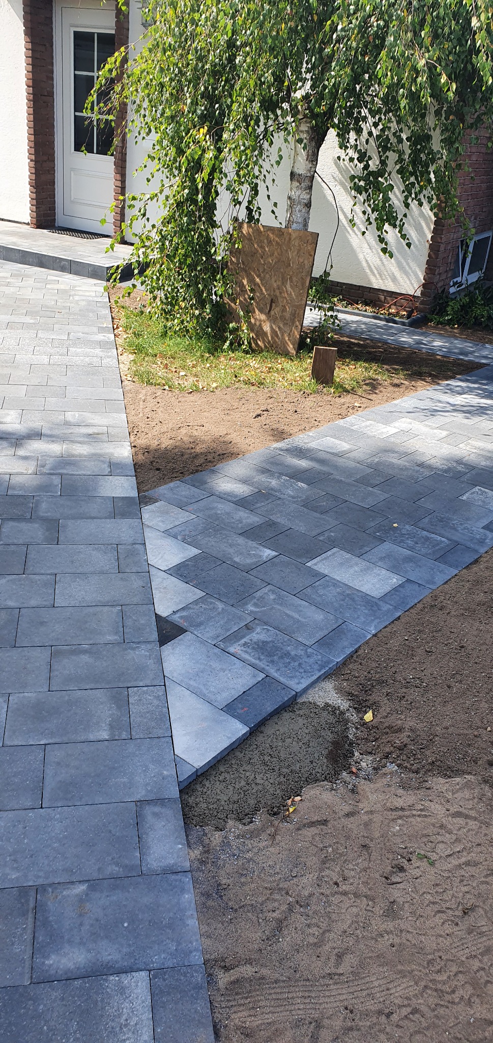 Ułożona kostka brukowa w odcieniach szarości, widoczny fragment domu z białymi drzwiami i brzoza z zielonymi liśćmi, częściowo niezakończone obrzeże z piaskiem i ziemią.