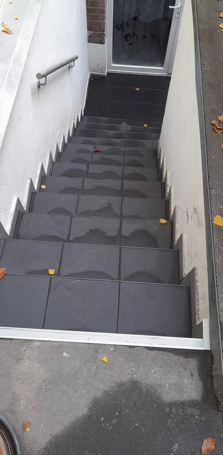 Schody zewnętrzne wyłożone ciemnoszarą płytką, prowadzące do wejścia z aluminiowymi drzwiami, z metalową poręczą po lewej stronie i opadłymi liśćmi na stopniach.