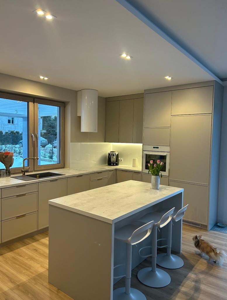 Jasna kuchnia z wyspą, oświetleniem punktowym i widokiem na zimowy krajobraz za oknem; na podłodze pies rasy chihuahua.