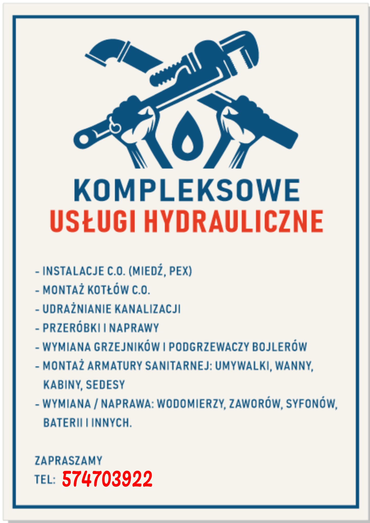 Grafika reklamowa usług hydraulicznych: schematyczne narzędzia hydrauliczne nad listą oferowanych usług, w tym instalacje CO, montaż kotłów, udrażnianie kanalizacji i montaż armatury sanitarnej...