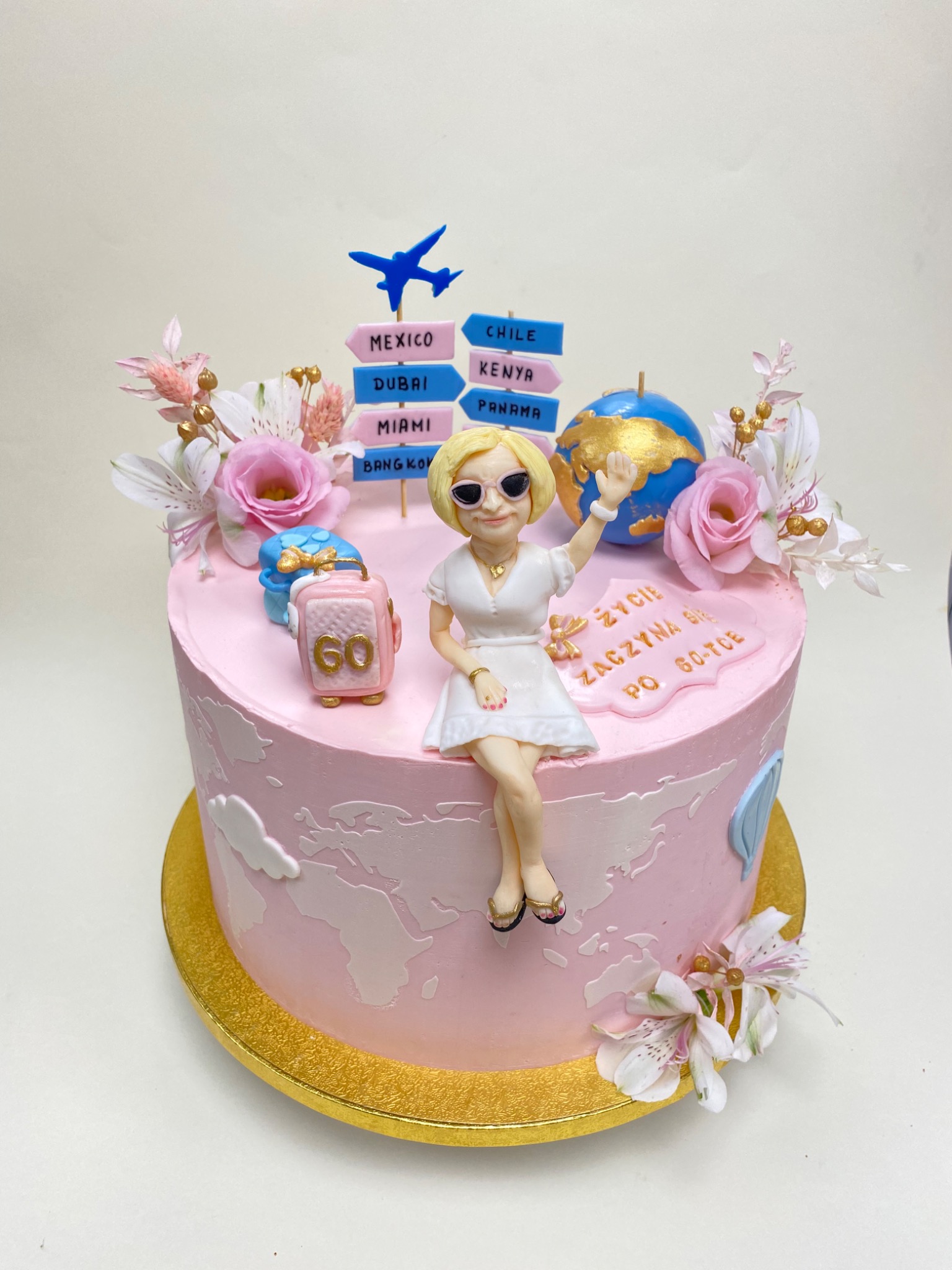 Tort urodzinowy w różowym lukrze z mapą świata, dekorowany figurką kobiety w białej sukience, drogowskazami z nazwami miast, kwiatami, globusem i walizką z liczbą 60.