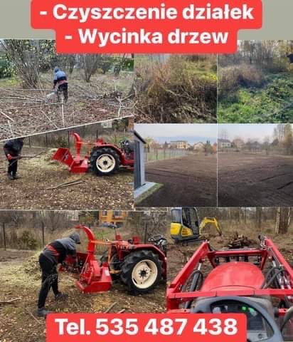 Kompozycja zdjęć przedstawiająca prace porządkowe na działce: wycinkę krzewów piłą spalinową, rozdrabnianie gałęzi traktorem z frezarką, wyrównany teren oraz małą koparkę.