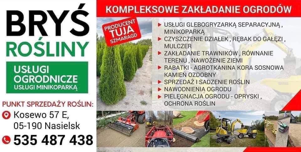 Plakat reklamowy firmy ogrodniczej Bryś Rośliny oferującej kompleksowe zakładanie ogrodów, usługi glebogryzarką, czyszczenie działek, zakładanie trawników, rabatki, sprzedaż i sadzenie roślin...