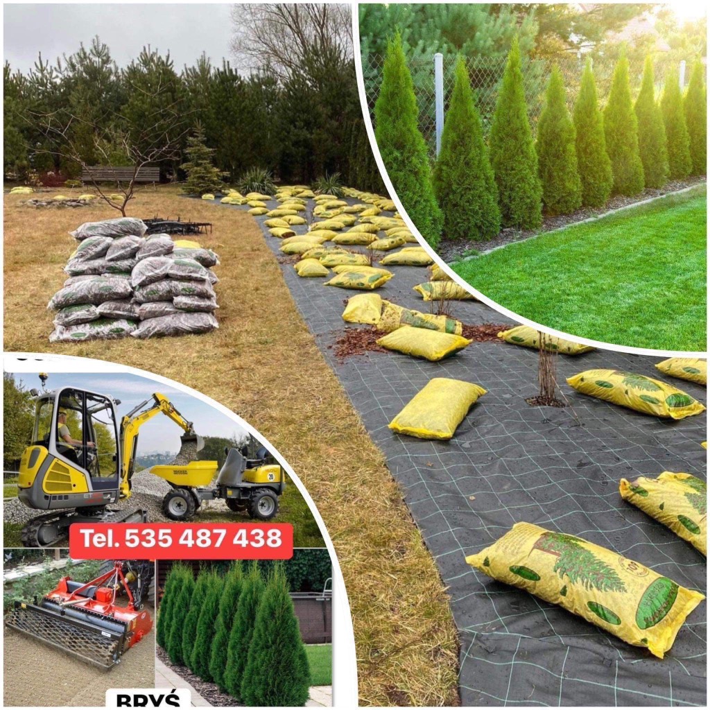 Przygotowanie terenu pod nasadzenia: rozłożona agrowłóknina, worki z korą, mini koparka oraz rząd posadzonych iglaków w tle.