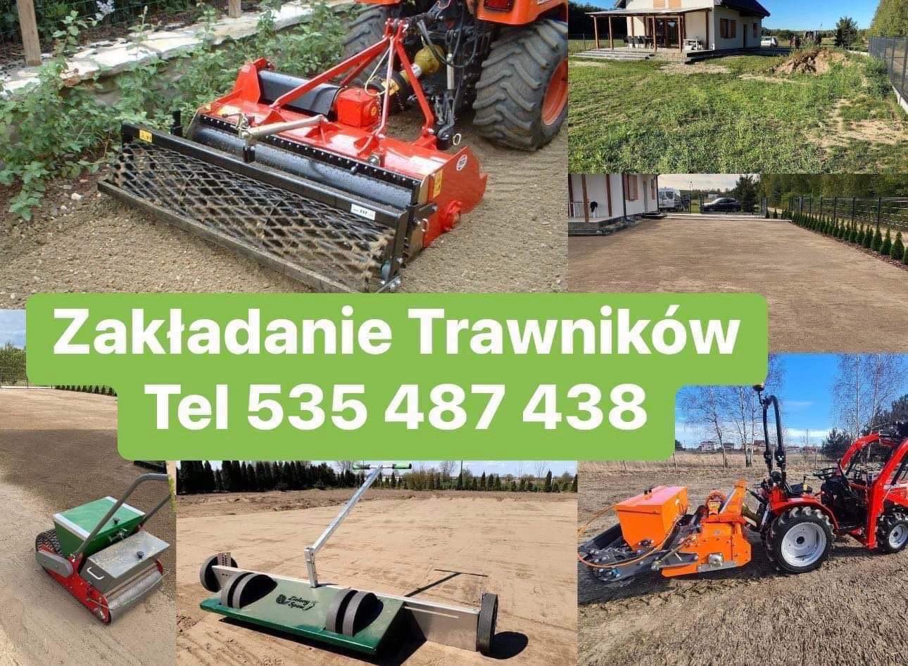 Kompozycja zdjęć przedstawiająca różne etapy zakładania trawnika: przygotowanie gleby traktorem z glebogryzarką, siewnik do trawy na glebie oraz wałowanie ziemi po zasiewie. W tle widoczny dom...