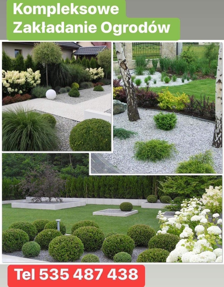 Kolaż zdjęć z realizacji ogrodu: ścieżka z jasnego żwiru, rabaty z kulistymi krzewami, trawnik z geometrycznymi rabatami, hortensje.