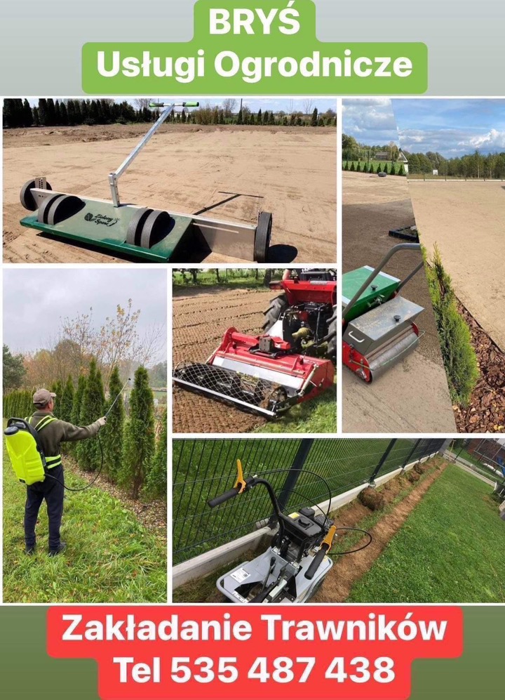 Kompozycja zdjęć prezentujących etapy zakładania trawnika: przygotowanie podłoża walcem, spulchnianie gleby traktorem, opryskiwanie tui, siew trawy siewnikiem i zagęszczanie gleby zagęszczarką...