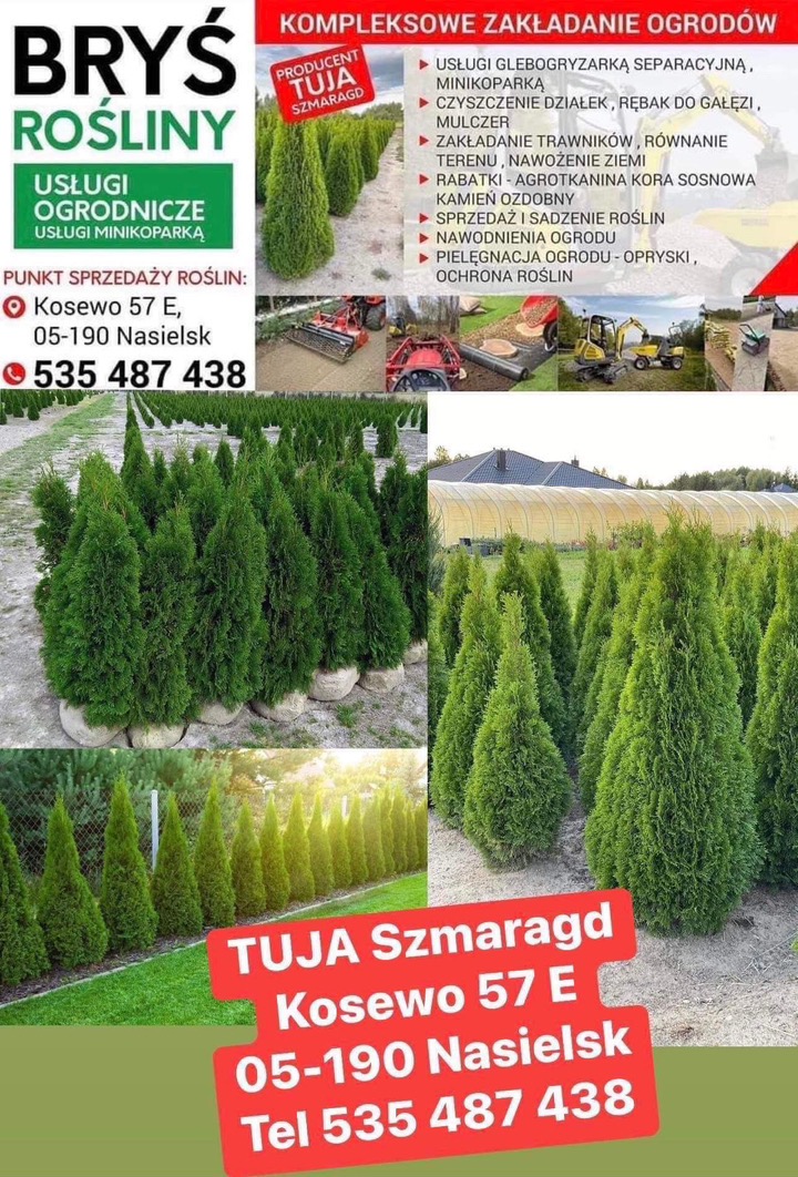 Szkółka roślin ozdobnych oferująca tuje szmaragd, usługi glebogryzarką, minikoparką, czyszczenie działek, zakładanie trawników, rabatki, nawodnienia i pielęgnację ogrodów. Widoczne maszyny rolnicze...