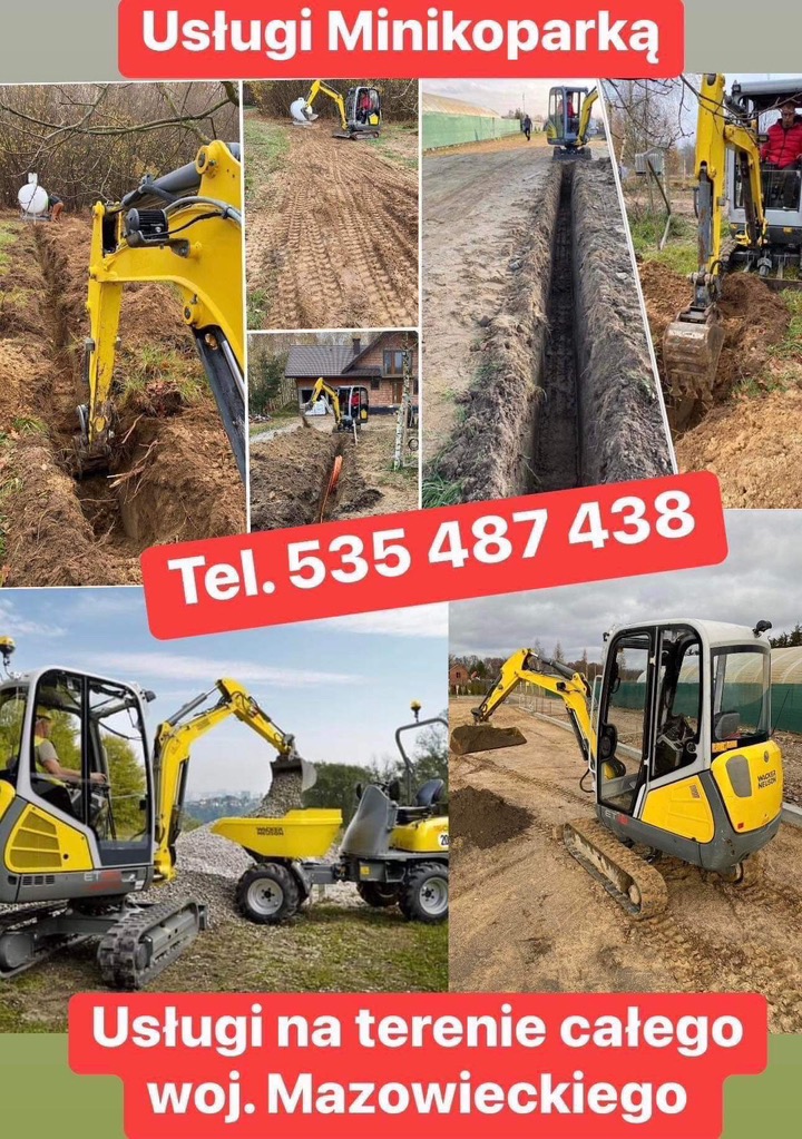 Kompozycja zdjęć przedstawiająca minikoparki podczas prac ziemnych, w tym wykopy pod fundamenty i transport ziemi, z widocznymi śladami opon na gruncie i fragmentami krajobrazu.