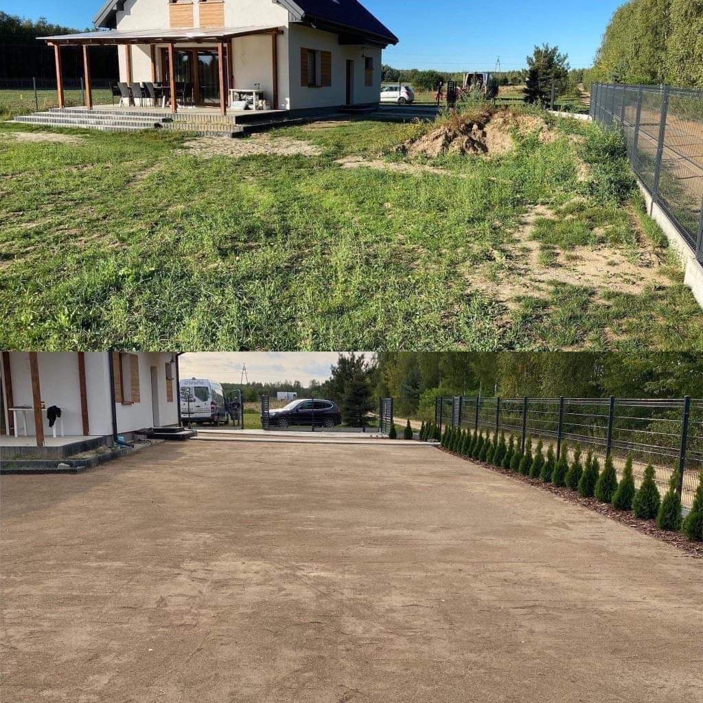 Porównanie terenu przed i po wyrównaniu, widoczny dom z tarasem, ogrodzenie panelowe i rząd młodych drzewek iglastych wzdłuż ogrodzenia.