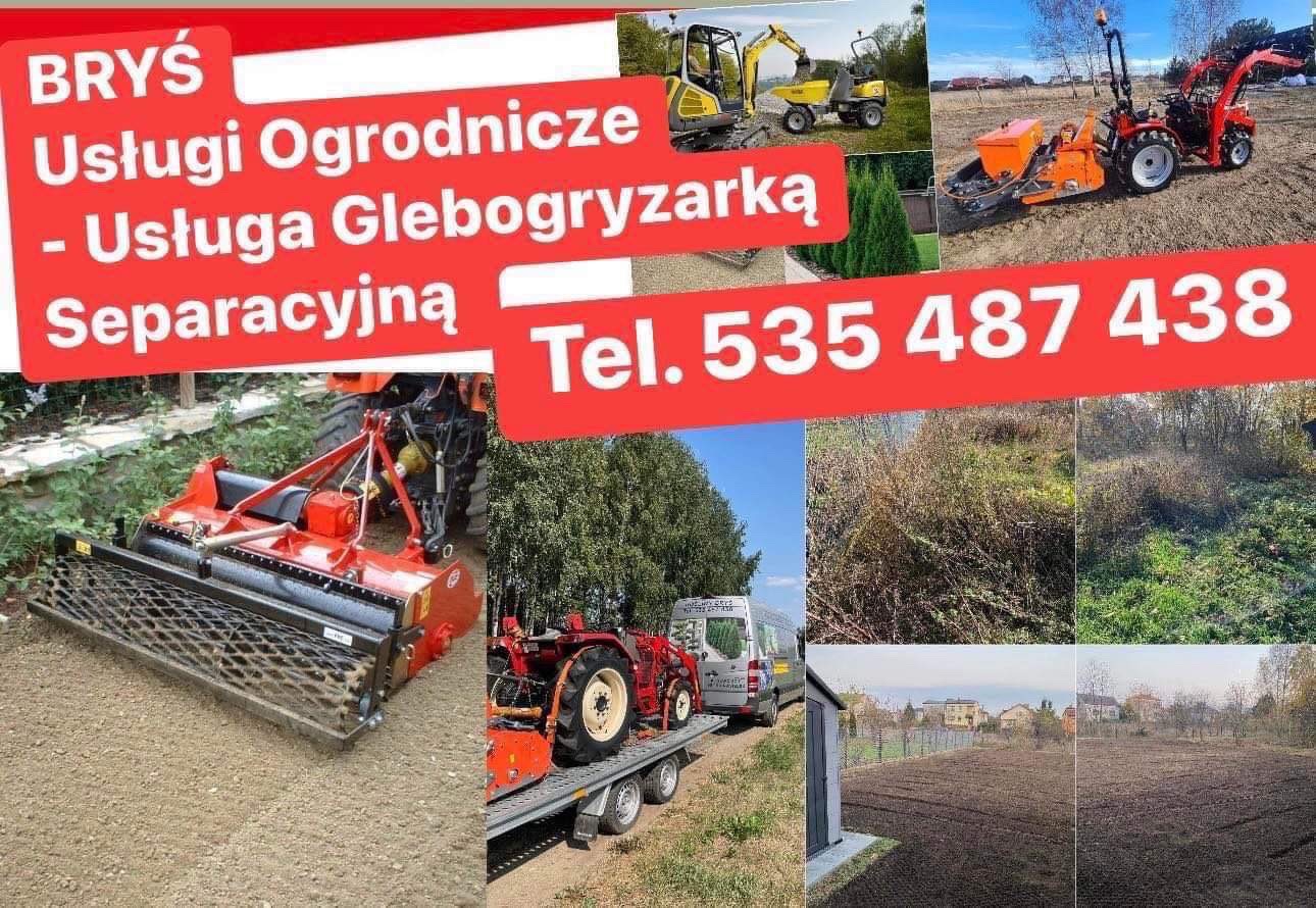Mozaika zdjęć prezentująca usługi ogrodnicze: glebogryzarka separacyjna w akcji, minikoparki, traktor z osprzętem, bus firmy oraz przygotowany teren pod uprawę, z widocznym numerem telefonu...
