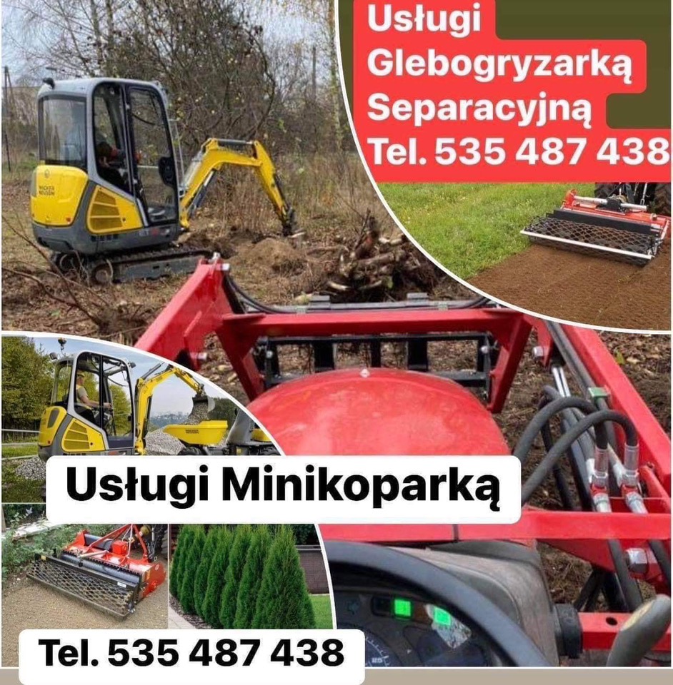 Kompozycja graficzna prezentująca usługi glebogryzarką separacyjną i minikoparką, z widoczną minikoparką w trakcie pracy na terenie z resztkami roślinności, glebogryzarką separacyjną w akcji...