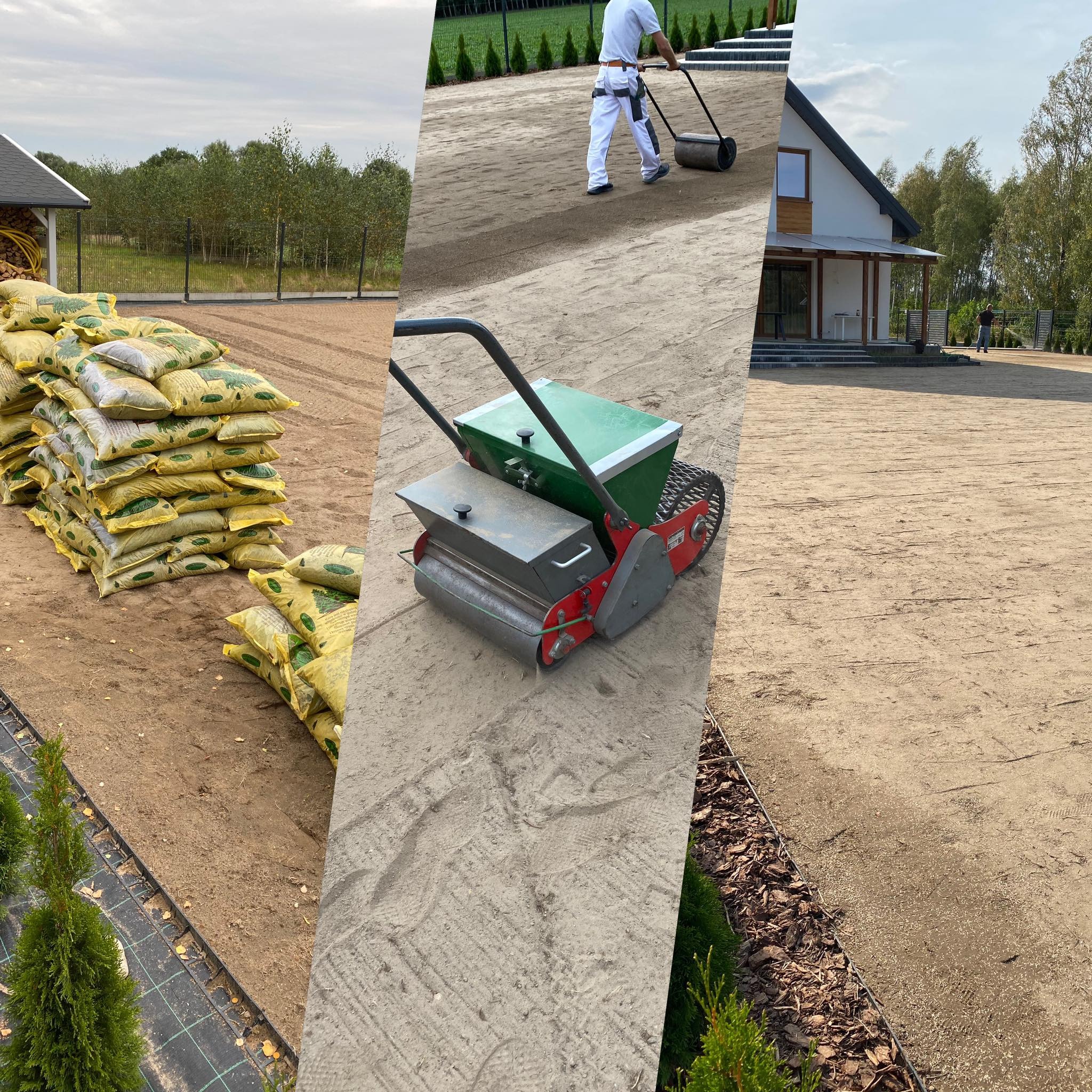 Przygotowanie terenu pod trawnik: ułożone worki z ziemią, pracownik wyrównujący podłoże walcem, oraz siewnik na przygotowanym terenie.