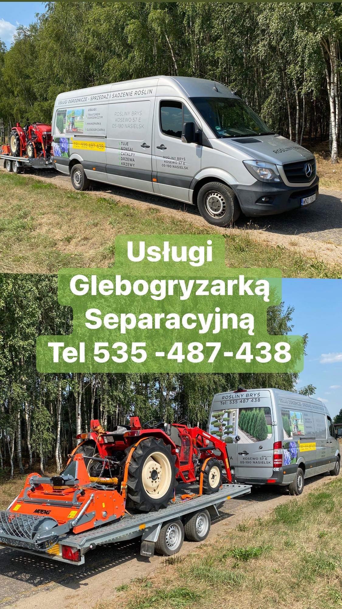 Srebrny van firmy ogrodniczej z przyczepą, na której znajduje się czerwony traktor z glebogryzarką separacyjną. Na vanie widoczne logo firmy oraz informacje kontaktowe.