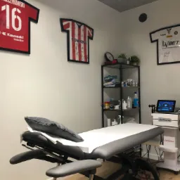 Gabinet z profesjonalnym stołem do masażu, półką z akcesoriami i ścianą ozdobioną oprawionymi koszulkami piłkarskimi, tworzącymi unikalny wystrój.