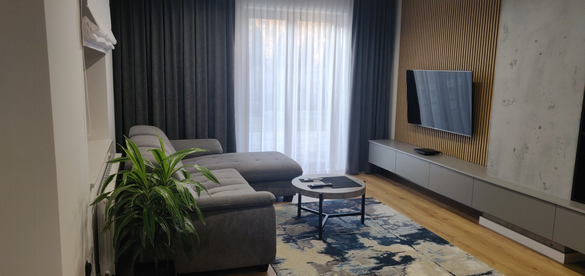 Nowoczesny salon z szarą sofą, drewnianą ścianą z telewizorem, jasnymi zasłonami i wzorzystym dywanem.