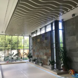 Nowoczesne wnętrze basenu z falistym sufitem, kamienną ścianą, dużymi oknami i roślinami doniczkowymi.